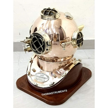 U.S. Navy Mark V Copper & Brass Diving Helmet Replica with Wooden Base Full-Size 18"