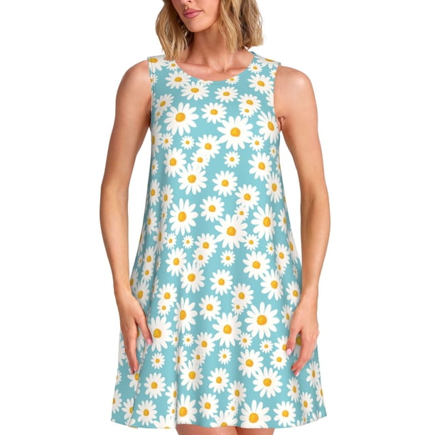 Fotbe Daisy Floral A Vestido de Verano sin Mangas para Mujer – Vestido Midi Línea A, Estilo Camiseta Floral, Vestido Playero Casual y Fluido
