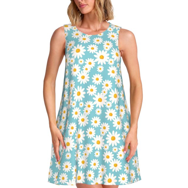 Easygdp Daisy Floral A para Vestido Transpirable de Mujer, Vestido Suelto de Manga Corta con Pliegues y Bolsillos para el Verano