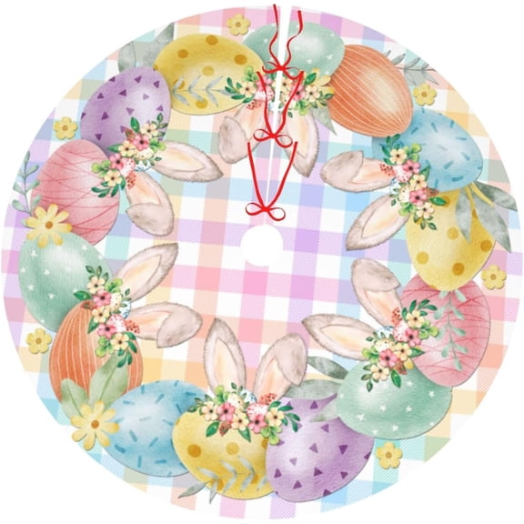 Happy Easter Cute Bunnies Eggs Colorful Buffalo Plaid 36 Inch Christmas Tree Skirt Carpet Mat Funny Party Soft Cover Mat Decor Supplies for Xmas Halloween Decorations Occasion Farmhouse