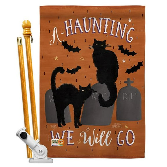 Breeze Decor BD-HO-HS-112081-IP-BO-D-US18-WA 28 x 40 in. Haunting We Go Fall Halloween Impressions Decorative Vertical Double Sided House Flag Set with Pole Bracket & Hardware