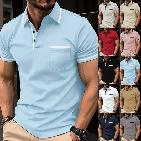 QIUOMBBP Sport Polos Shirts for Men Summer Loose Lightweight Tennis Golf Tshirts Short Sleeve Lapel Collared Color Block Tops with Pocket Black M