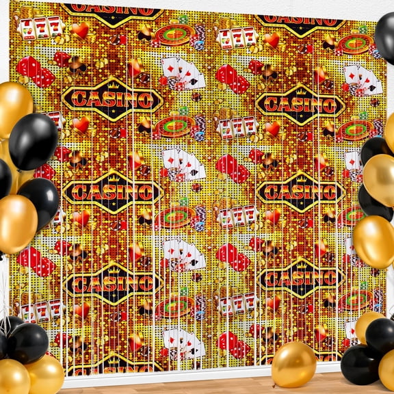 Sinekong 2 Pack Casino Theme Party Decorations, Poker Night Backdrop Foil Fringe Curtains Gold Tinsel Streamers, 3.3 x 6.6 ft for Las Vegas Party Supplies