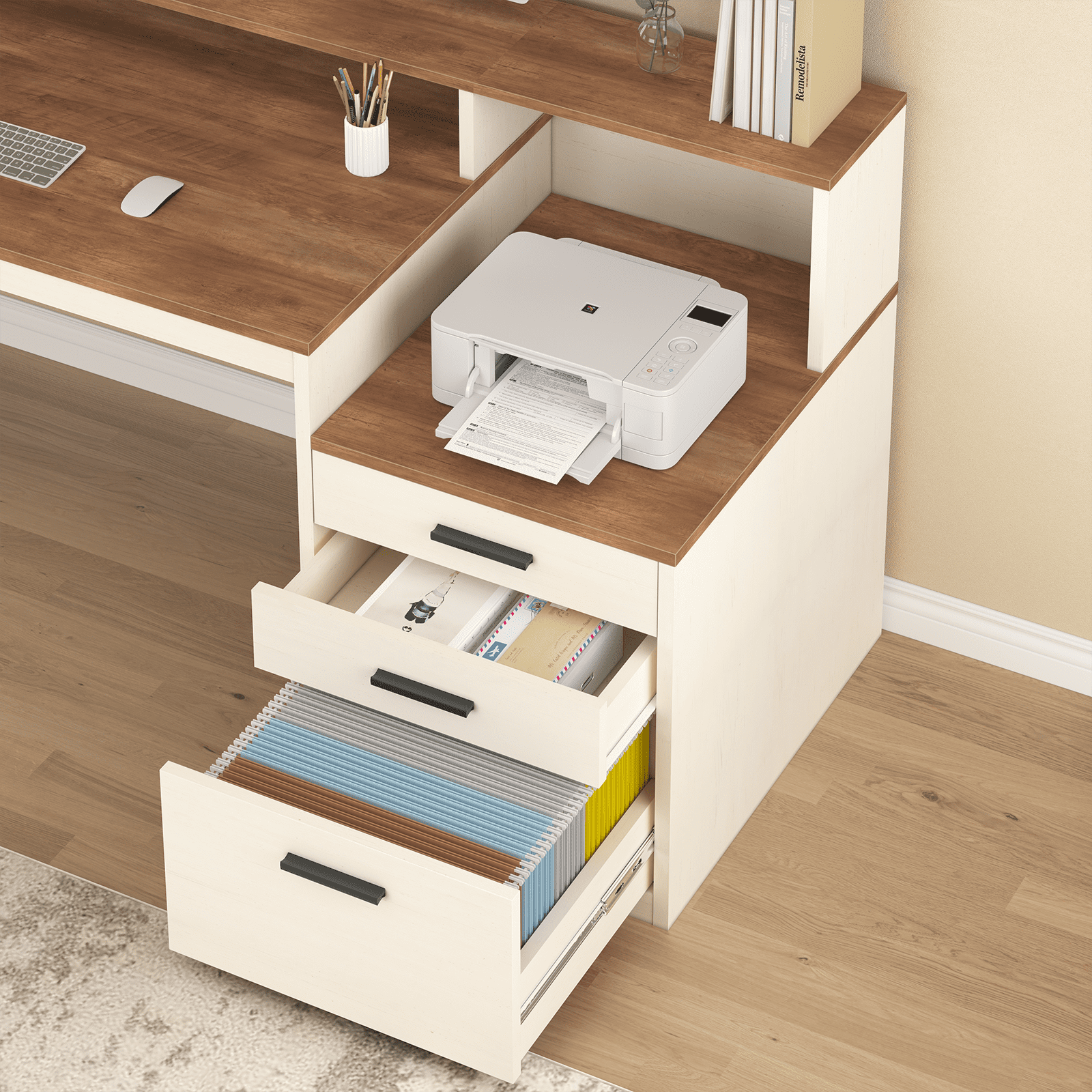 65 Inch Computer Desk with 3 Drawers & Storage Shelves, Executive Desk with File Drawer & Cabinet, Home Office Desk with Long Monitor Stand & Printer Shelf, Antique White