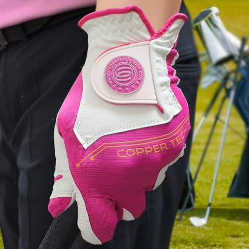 Copper Tech Ladies Golf Gloves Women (2 Pack) | Copper Compression Joint Support with Flexible & Comfortable Fit (White/Fuchsia, Small, Right)