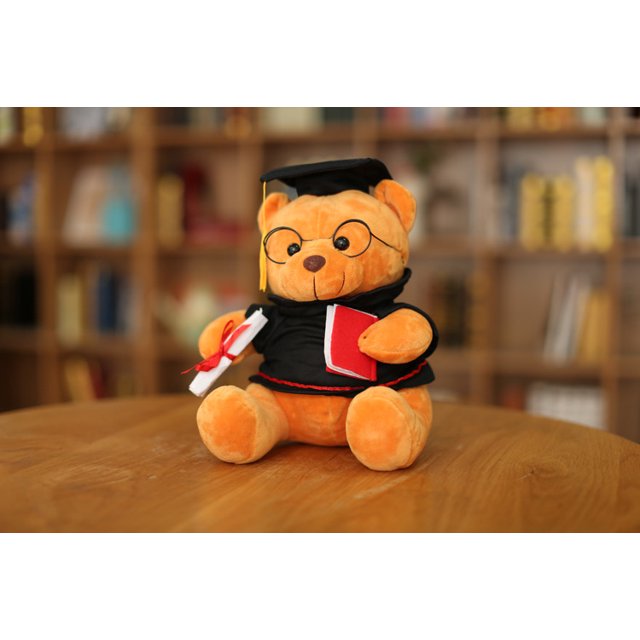 rv oso de peluche con gafas - 18 cm, diploma y gorro de médico - peluche para graduación, instituto o universidad oso de peluche blanco de 18 cm con birrete negro, gafas redondas, bata negra y diploma enrollado en la pata, sentado sobre mesa frente a estantería de libros desenfocada.