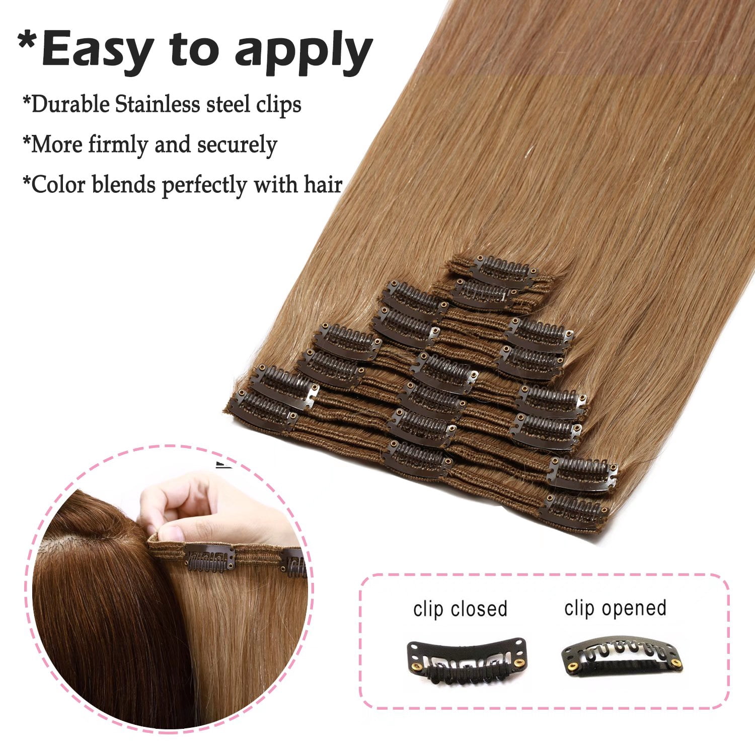 Benehair 100% Real Remy Human Hair Extensions Clip In Thick Double Weft Full Head 10"-24" Blonde Women Caramel Hair