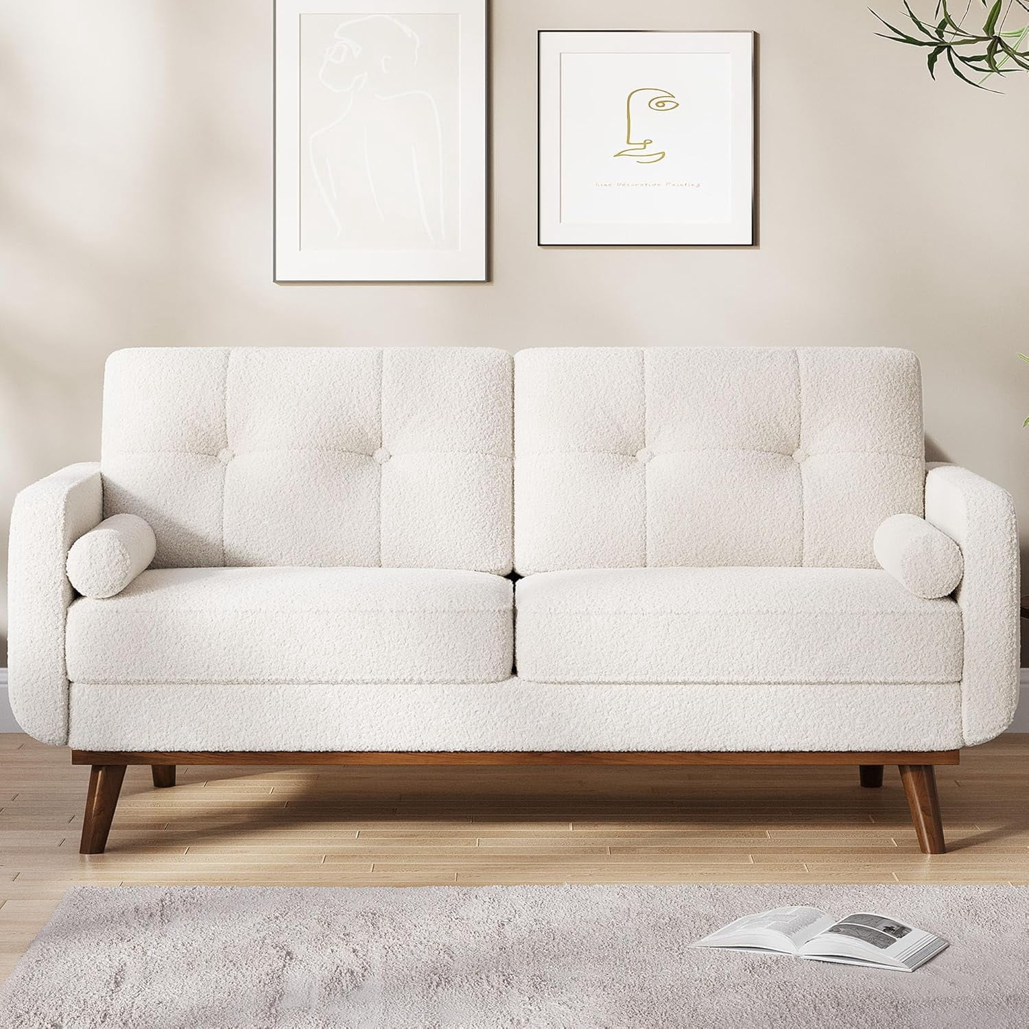 IdealHouse 65" Loveseat Sofa, Mid Century Modern 2-Seater Couch, Teddy Fleece Boucle Upholstered, Deep Seat Love Seat for Living Room, Bedroom, Beige