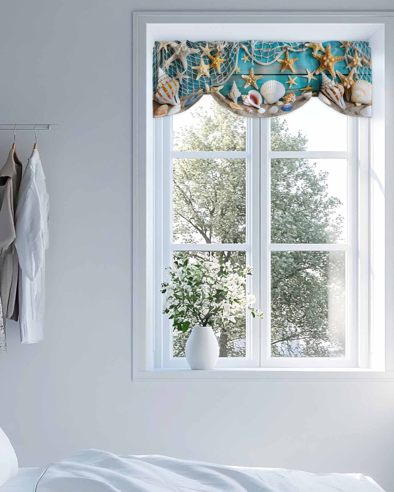Coastal Beach Tie Up Valances Curtain, Adjustable Kitchen Conch Starfish Valances for Windows Decor, Rod Pocket Short Curtains Set for Bedroom/Bathroom, 60"x18"