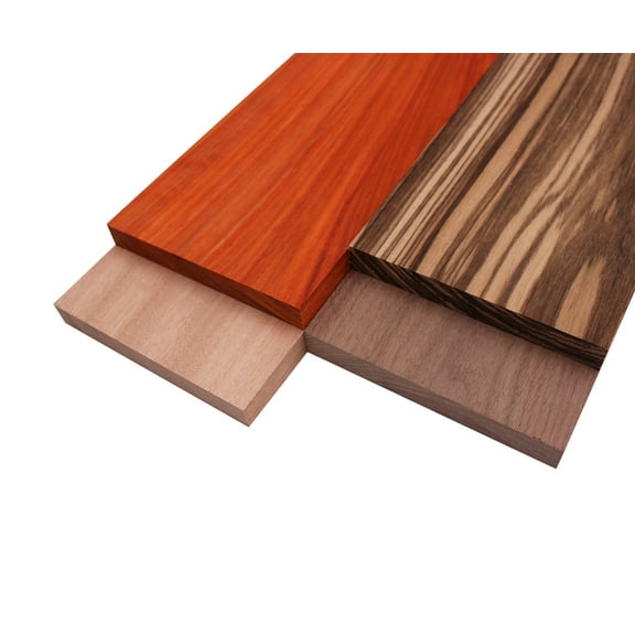 Imported Exotic Hardwood Variety Pack - Zebrawood, Walnut, Padauk, Okoume - 3/4" x 6" (4 Pcs)