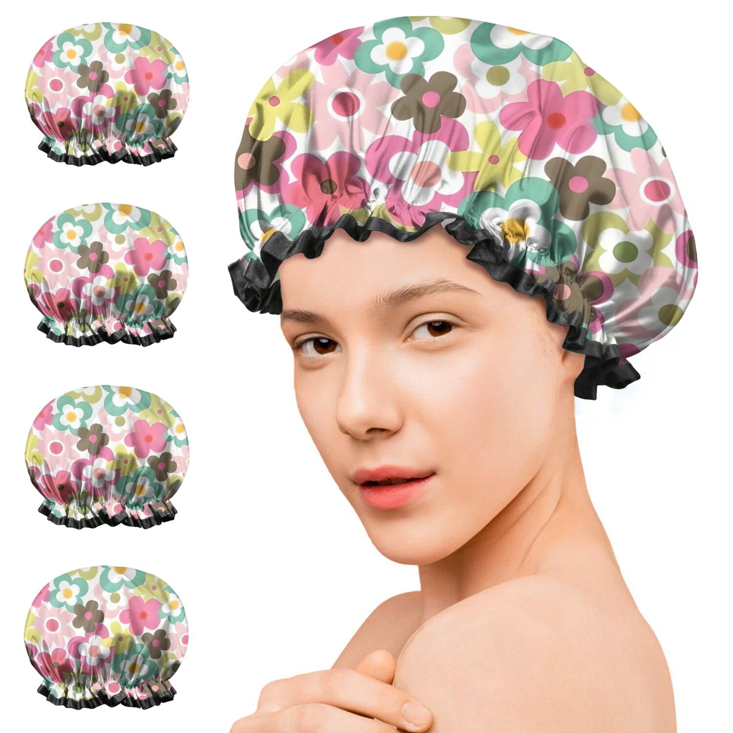 Shower Caps,Pioneer Flower Floral Print Pattern Waterproof Shower Cap for Women 4 Pieces,Double Reusable Hair Cover for Shower PEVA Elastic Stretch Hem