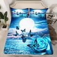 thumbnail image 2 of Blue Rose Bed Sheets Set Butterfly Floral Sheets Full Size Watercolor Butterfly Flower Print Sheet Set 4 Pieces, Night Moon Decor Bedding Set Teens Room Decor, 2 of 5