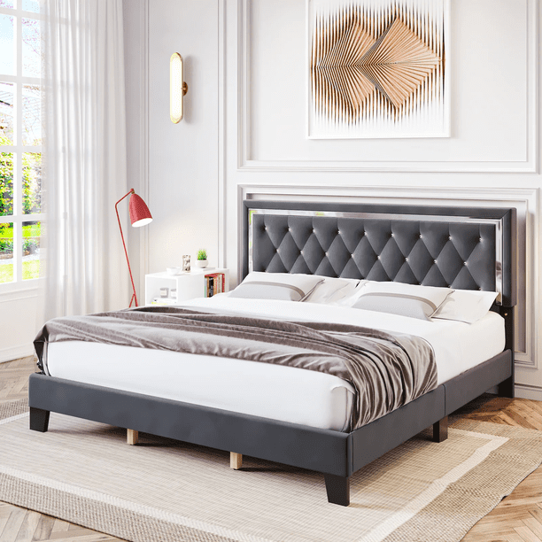 Homfa King Size Bed Frame, Diamond Tufted Upholstered Platform Bed with