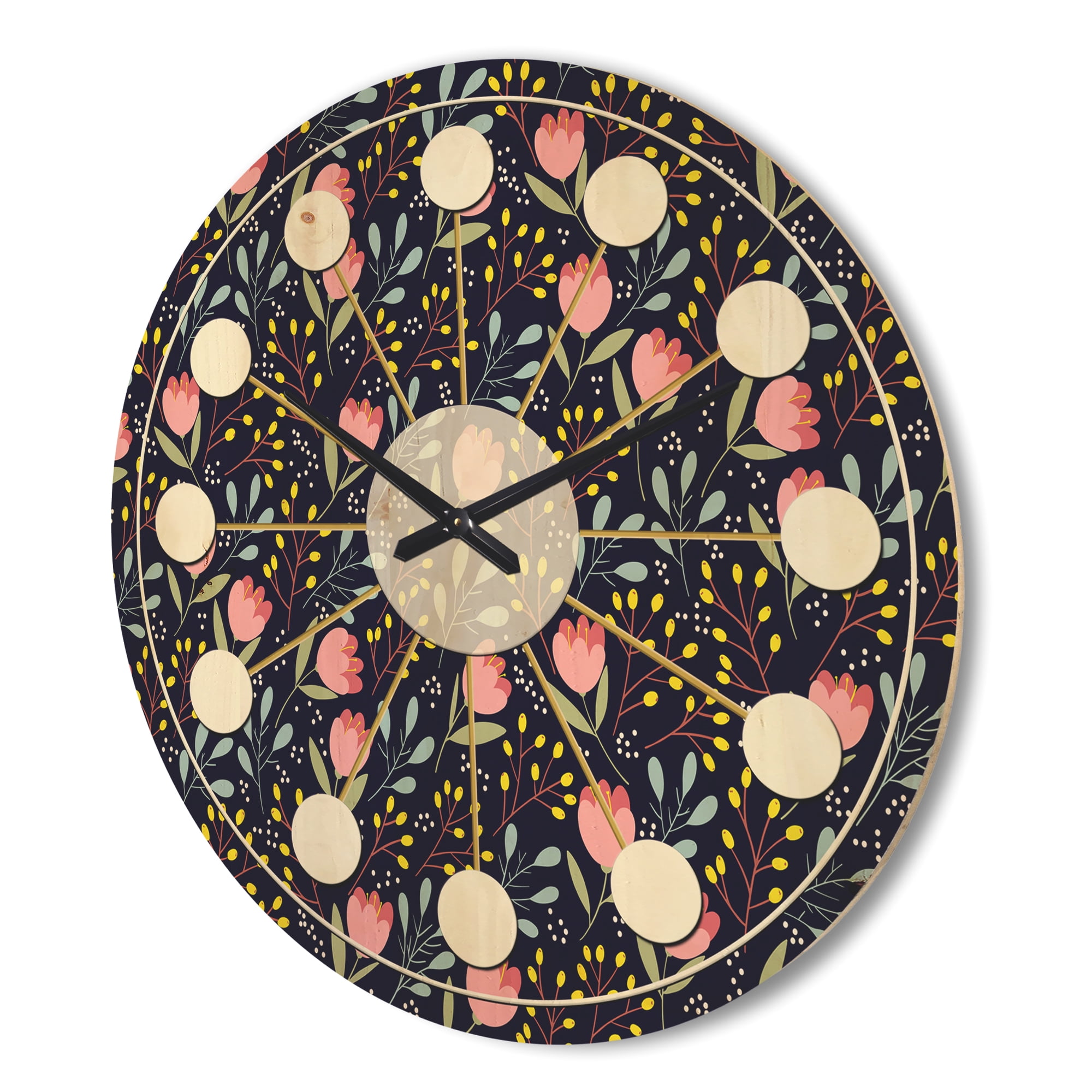 Designart 'Pink Flowers With Leaves' Mid-Century Modern Wood Wall Clock