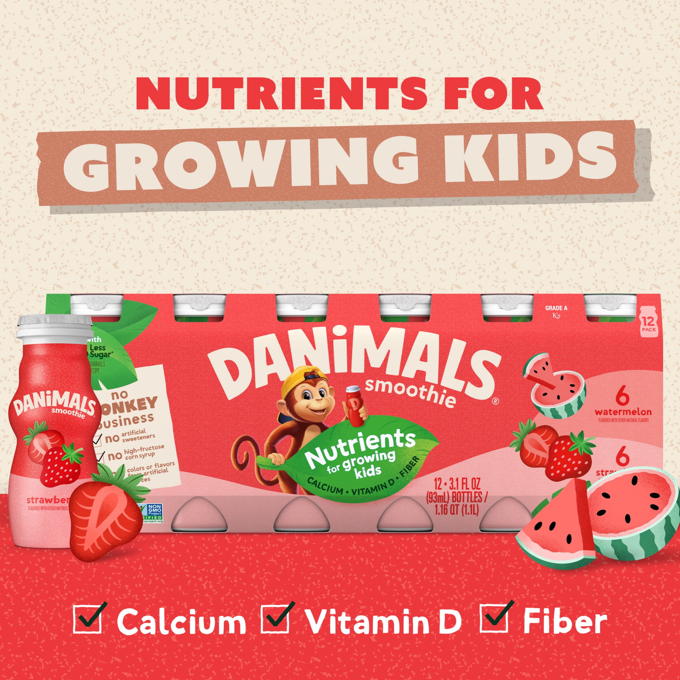 Danimals Smoothie Strawberry and Watermelon Low Fat Dairy Drink Smoothie Bottles Multi-Pack, 3.1 fl oz, 12 Count​