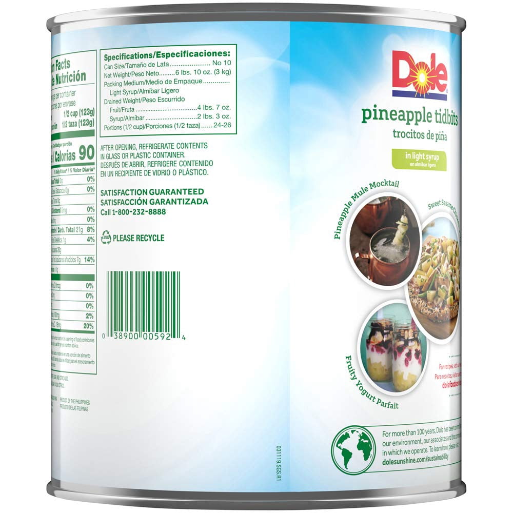Dole Pineapple Tidbits in Light Syrup, 106 oz - Case of 6