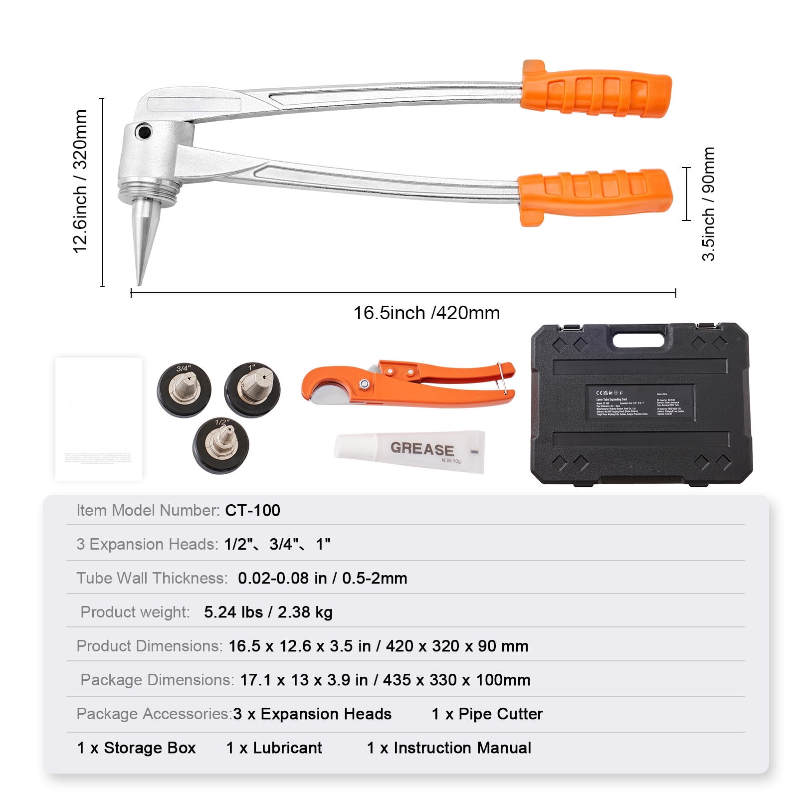 SKYSHALO Pipe Tube Expander, 1/2", 3/4", 1" OD Manual Lever PEX Tubing Expander, PEX Tools Expander with 3 Expander Heads, Pipe Cutter, Grease for PEX Tube and Copper Pipe