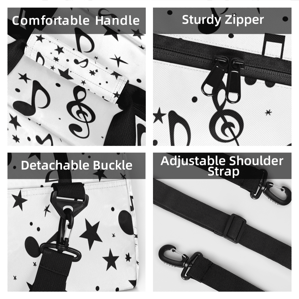 Herdesigns Black and White Music Sports Duffle Bag for Women & Men, Musical Notes Gym Bag Dance Bag Overnight Bag Carry On Weekender Travel Bag