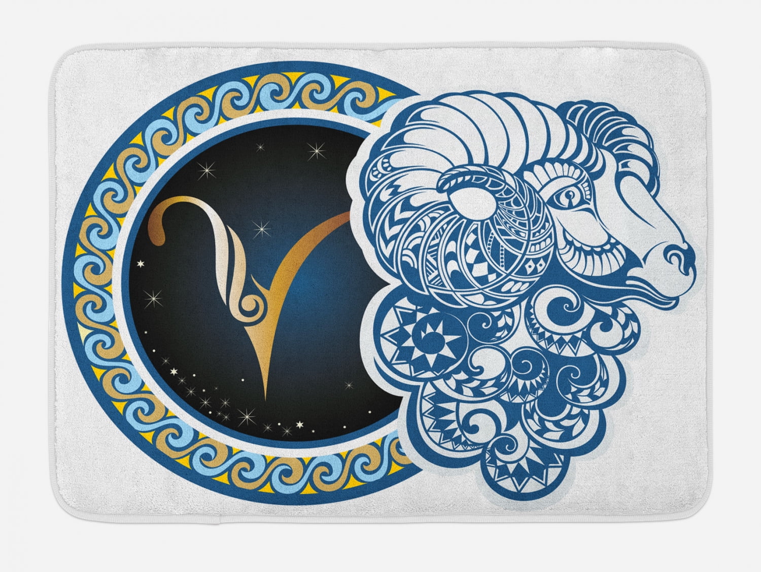 Zodiac Bath Mat, Astrological Aries Symbol with Horned Head Ram Goat Animal Terrestrial Event
