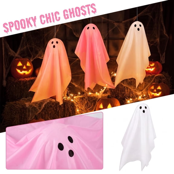 Outdoor Hanging Halloween Decorations 3 Pack Pink and White Sheer Ghost Decorations 30 Inch Tall for Halloween Yard Decorations, Creepy Halloween Decorations for Haunted House