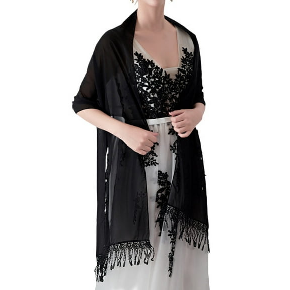 SWSMCLT Women's Formal Pashmina Shawl Wedding Shawl Convertible Fringe Fall Lace Trim Pashmina Scarf Black One Size