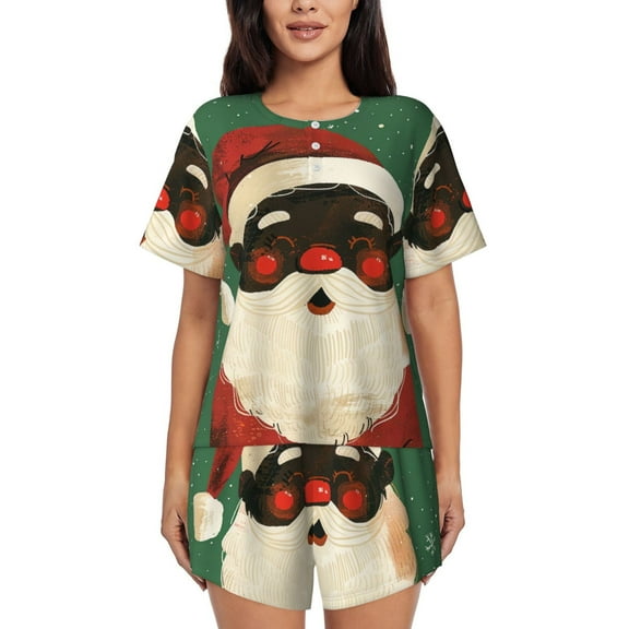 Cute Black Santa Womens Pajamas Short Set Soft Short Sleeve Sleepwear Button Down Pjs Set with Pockets S XXL Small