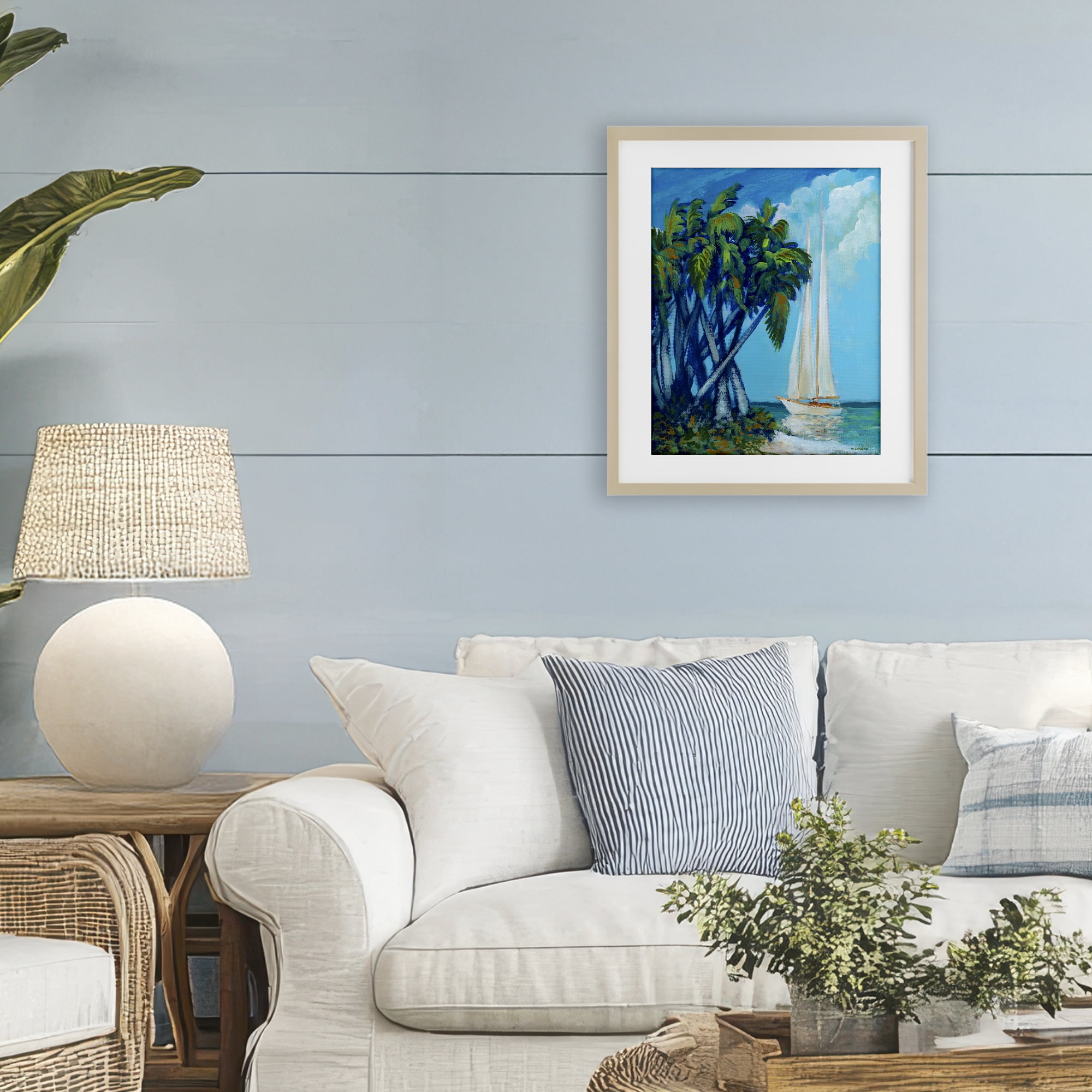 Stupell Industries Sailboat & Twisted Palms Birch Framed Print Under Glass, design by Dan Meneely