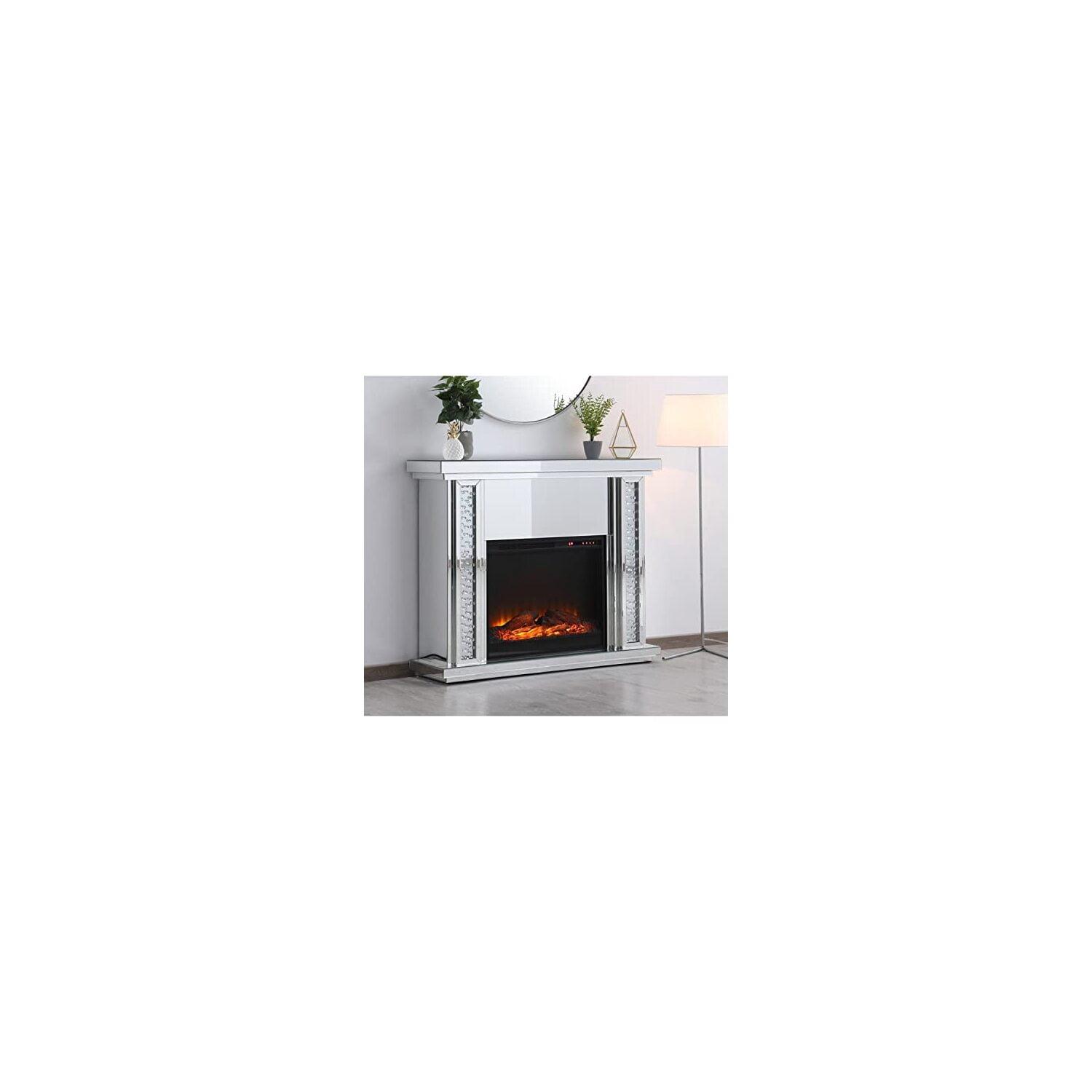 47.5 in. Crystal mirrored mantle with wood log insert fireplace
