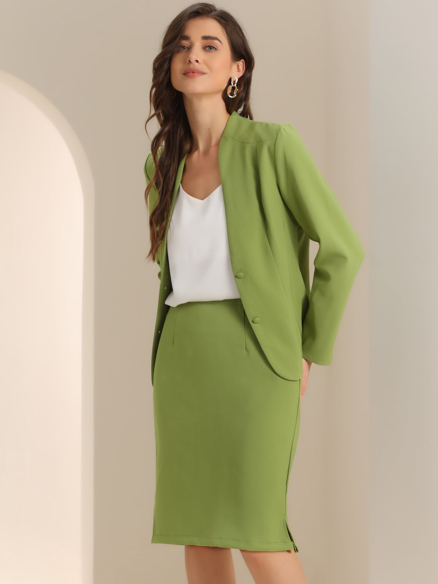 DARING DIVA Women's 2-Piece Business Blazer Pencil Skirt Suit Set M Olive Green