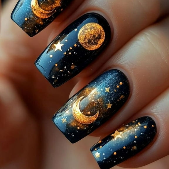 24 Pcs Square Press on Nails Space Themed Designs Star Pattern Acrylic Glossy Full Covers for Women and Girls