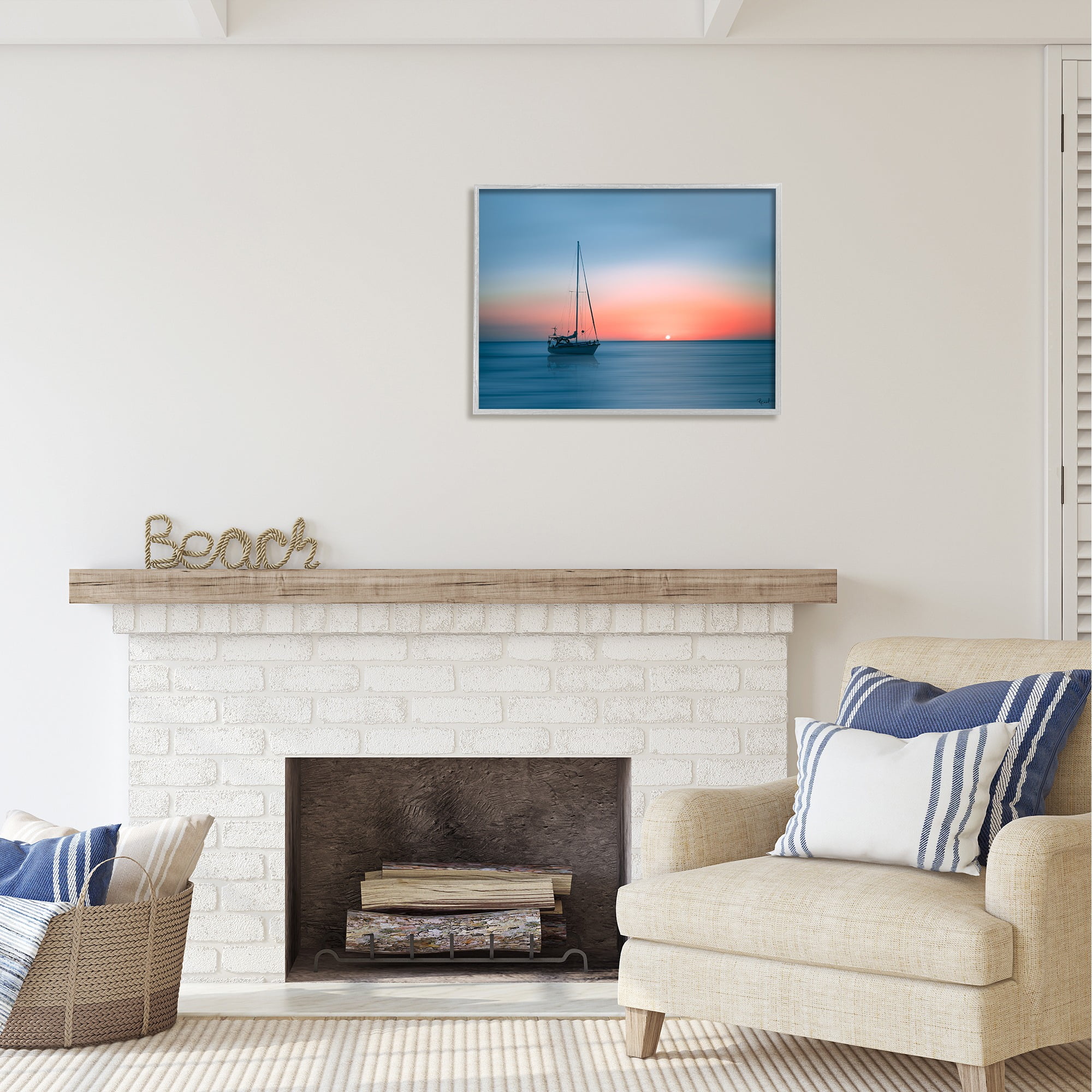 Stupell Industries Boat on Sunset Horizon Transportation Photography Gray Framed Art Print Wall Art, 30 x 24
