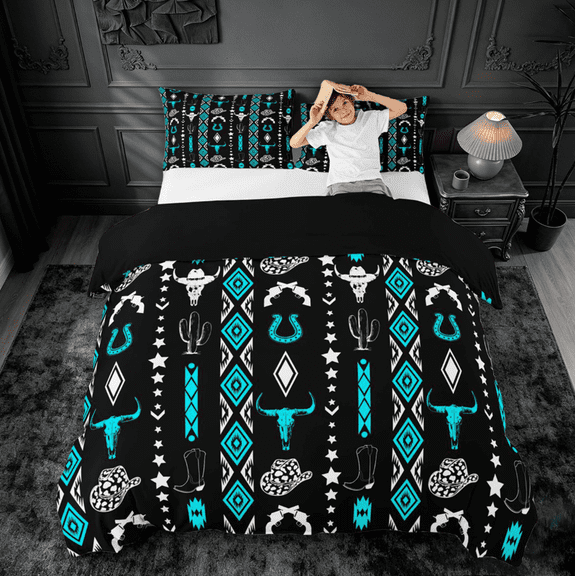 meiyoeat Vintage Geometric Rhombus Aztec Bedding For Boys,Country Western Cowboy Farmhouse Duvet Cover Full,Reversible,3 Pieces,1 Duvet Cover and 2 Pillowcases
