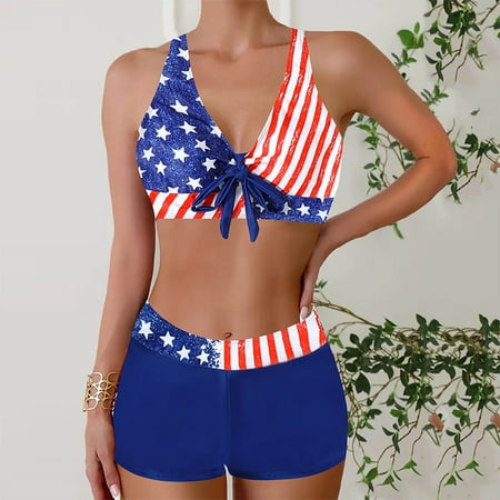 Sakmal Independence Day Swimsuit Two Piece Sets Patriotic Bikinis Red Swimwear Padded Push Up Swimsuit Sets