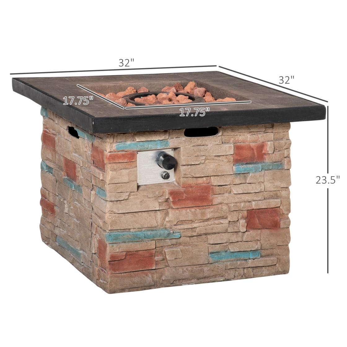 Outdoor Propane Gas Fire Pit Table 32 Inch Square 50,000 BTU Auto-Ignition Faux Stone Firepit with Lava Rocks Waterproof Cover CSA Certified Brown Patio Heater