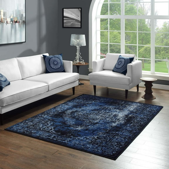 Modway Gamela Rustic Vintage Ornate Floral Medallion 8x10 Area Rug in Moroccan Blue and Light Blue