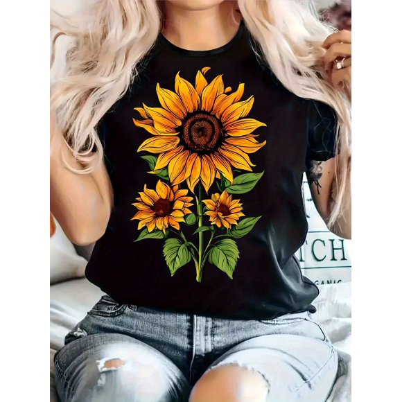 Sunflower Print Round Neck Stretchy Loose Fit Casual Blouse T-Shirt G232, up to Size 5XL