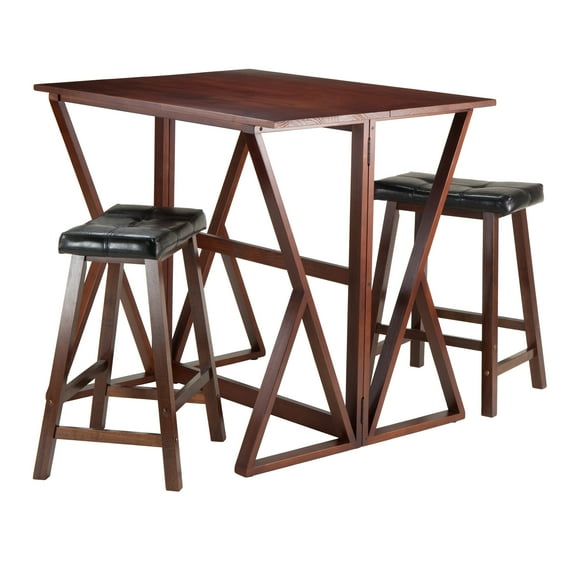 Contemporary Home Living Set of 3 Walnut Brown Wooden Drop Leaf Dining High Table with Leather