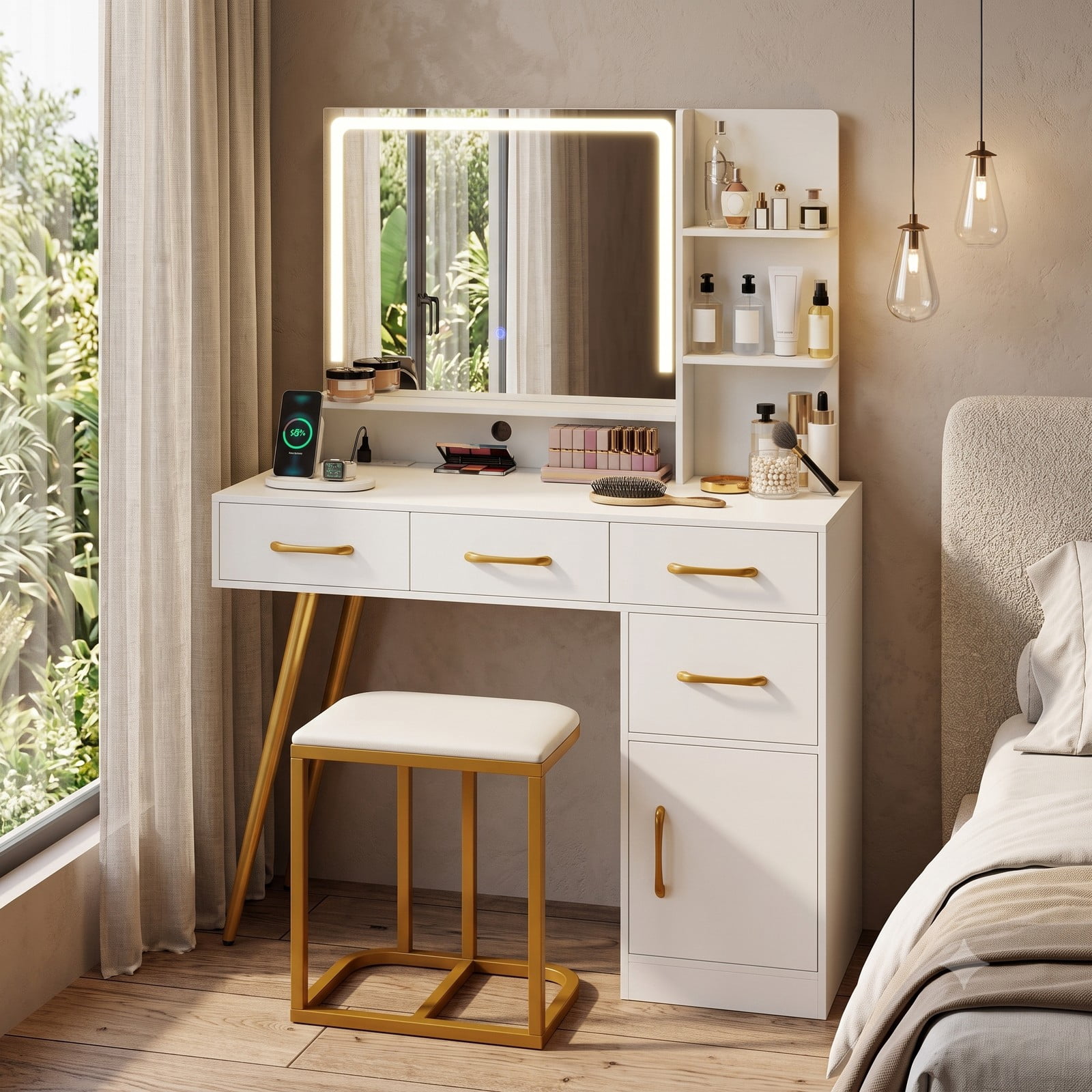 Furnibear Vanity Desk with Mirror and Lights, Makeup Vanity Table and Stool Set with Adjustable Brightness and Charging Ports for Bedroom, White
