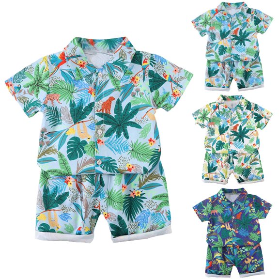Nwiuh Toddler Baby Boy Shorts Sets Hawaiian Outfits,Summmer Hawaiian Shirt Elastic Shorts Vacation Clothes White for Size 18-24 Months