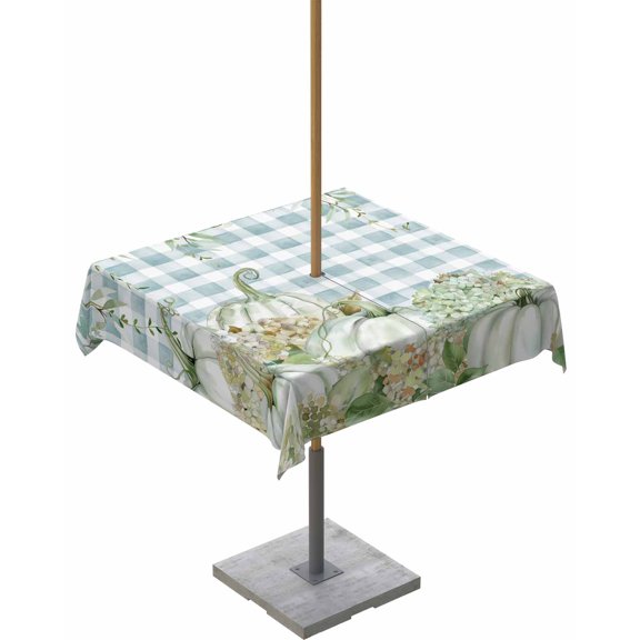 Fsddascl Fall Sage Green Pumpkins Outdoor Tablecloth - 60x60 Inch Square Dining Table Cover, Thanksgiving Maple Leaf Plaid Waterproof Outdoor Table Cloth with Umbrella Hole & Zipper for Picnic/Patio