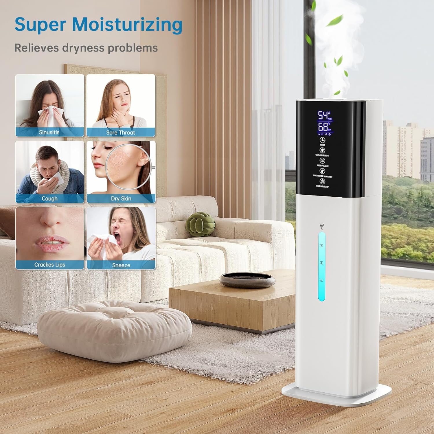 Humidifiers Large Room Bedroom with 7 Colors Light, 8L 2.1Gal Quiet Ultrasonic Cool Mist Topfill Humidifier with 3 Speed Humidistat Essential Oil Tray for Baby Home Plant Yoga Sleep