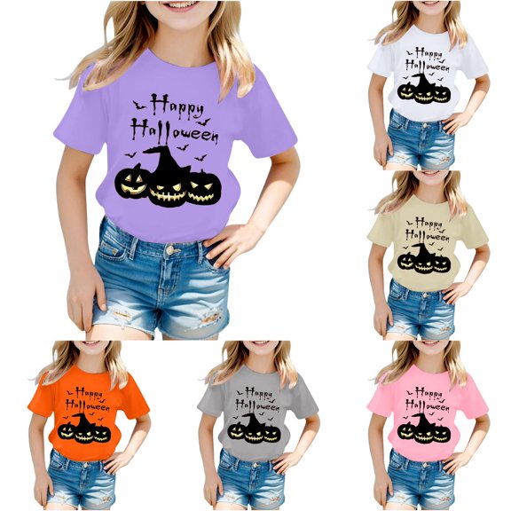 Zylarhe Kids Halloween Tops Children Fashionable Casual Letter Round Neck Short Sleeve T Shirt for Kids Purple 100
