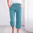 thumbnail image 2 of QATAINLAV Wide Leg Straight Capris for Women Loose Fit Cotton Linen Cropped Trousers Solid Drawstring Waist Beach Capri Pants with Pockets Birthday Gifts Sky Blue XXL, 2 of 6