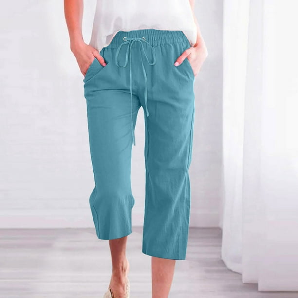 Cotton Linen Capri Pants for Women Elastic Waist Wide Leg Joggers Casual  Lounge Cropped Sweatpants Trousers with Pockets