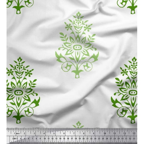 Soimoi Satin Silk Fabric Leaves & Floral Block Print Fabric by Yard 42 Inch Wide