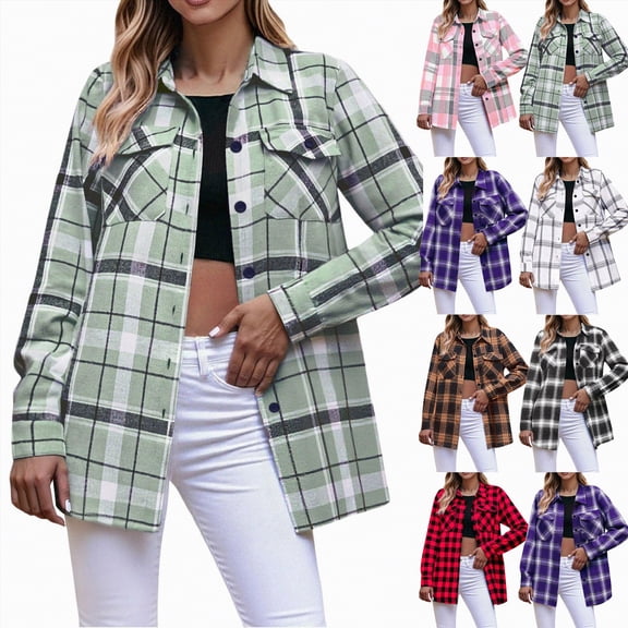 vigerkar Womens Buffalo Plaid Flannel Shirt Jacket Long Sleeve Collar Button Down Shacket Coats Lightweight Tops (Black, S)