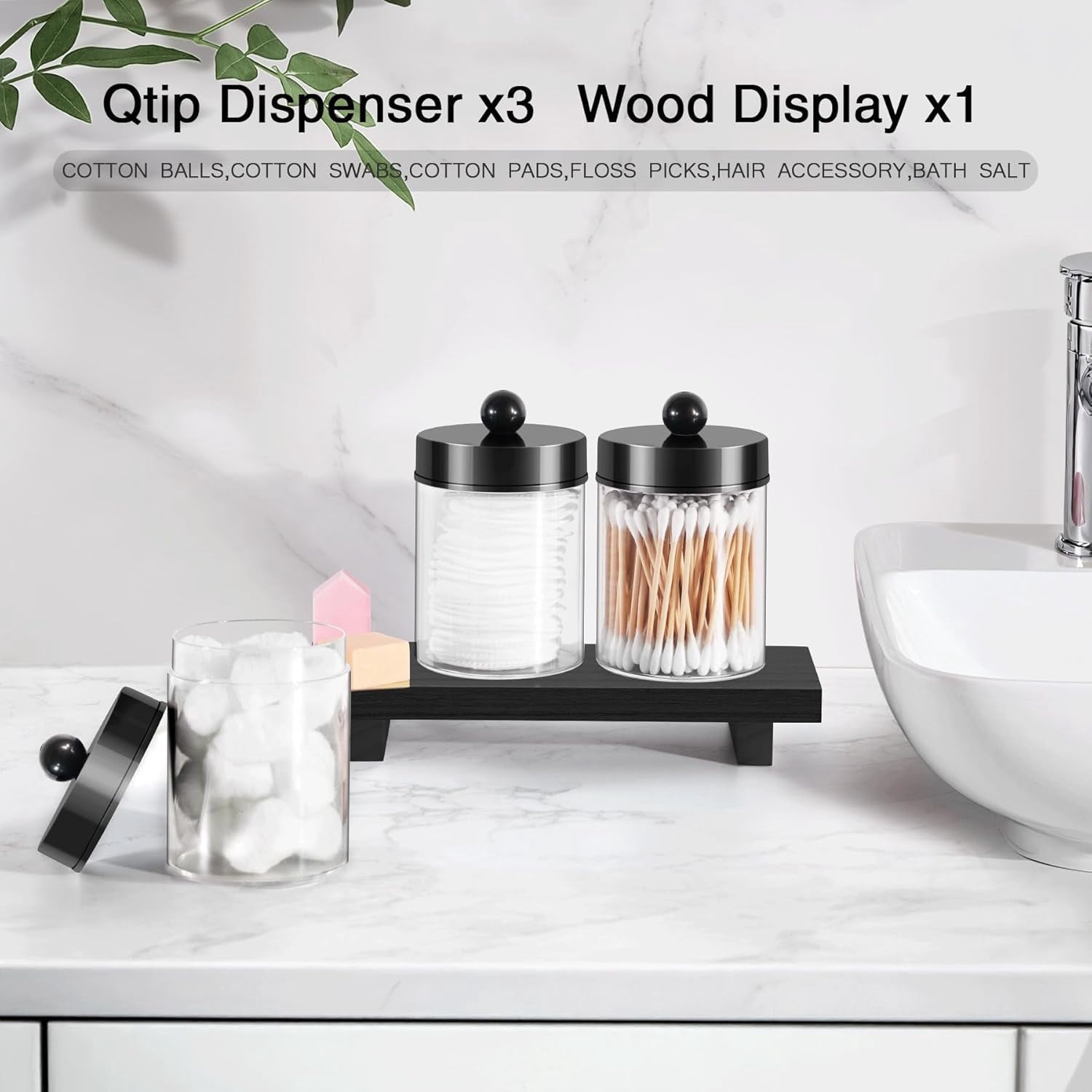 RGHJAR-3 Pack Qtip Holder Dispenser for Cotton Swabs, Balls, Pads, Floss Picks - Qtip Holder Bathroom Set with Vanity Tray.Bathroom Essentials Accessories Decor, Vanity Makeup Storage Organizer