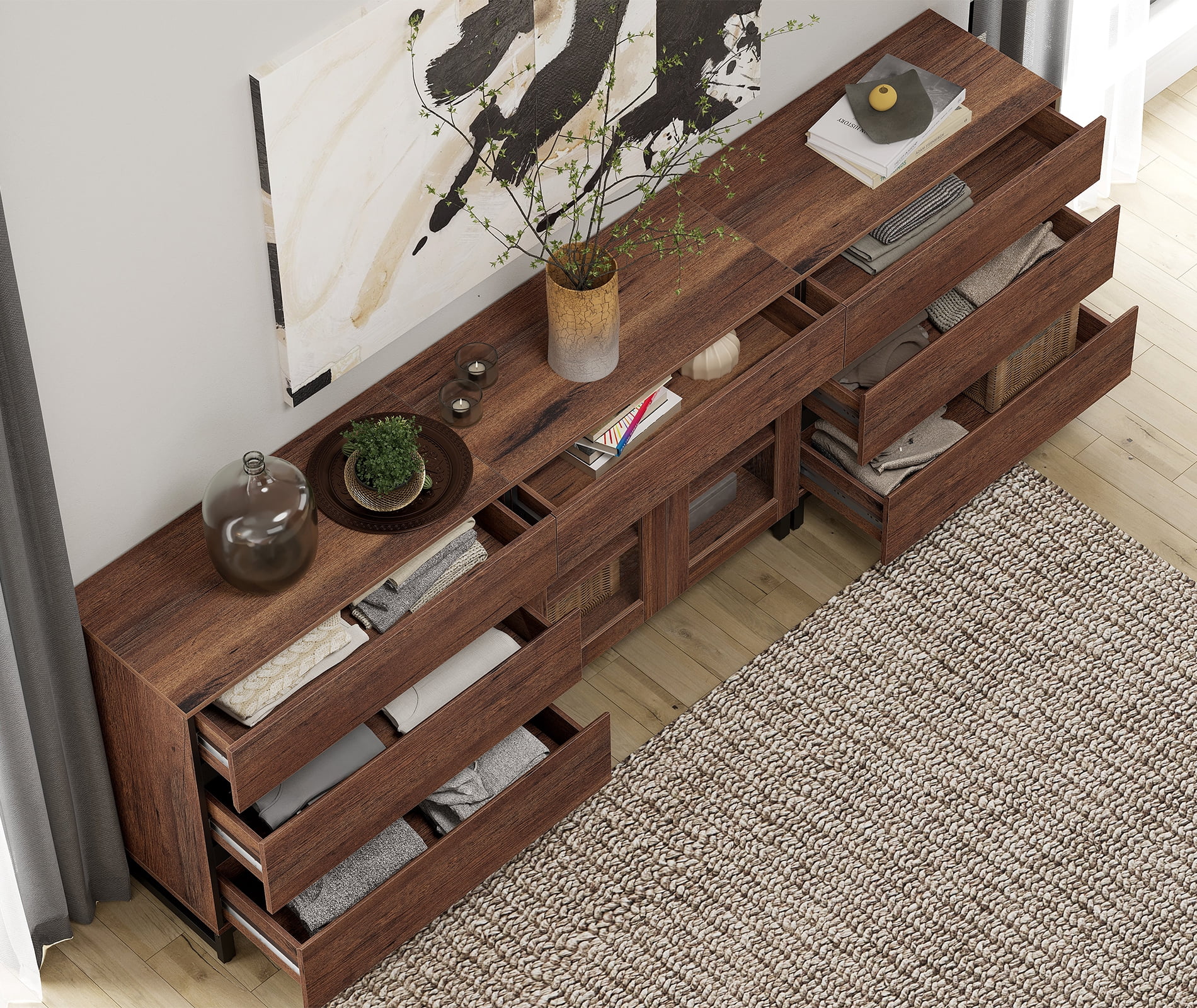 3 In 1 Sideboard Buffet Cabinets With Glass Doors And 7 Drawers, Modern Sideboard Credenza With Adjustable Shelf And Metal Base, Coffee Bar Cabinet Storage Cabinet For Living Room, Kitchen