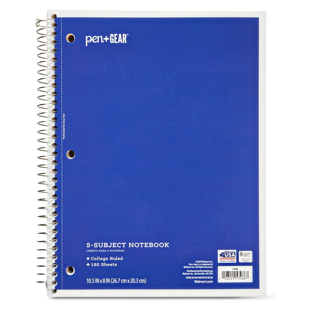 Pen + Gear 5Subject Spiral Notebook, College Ruled, Blue, 180 Sheets