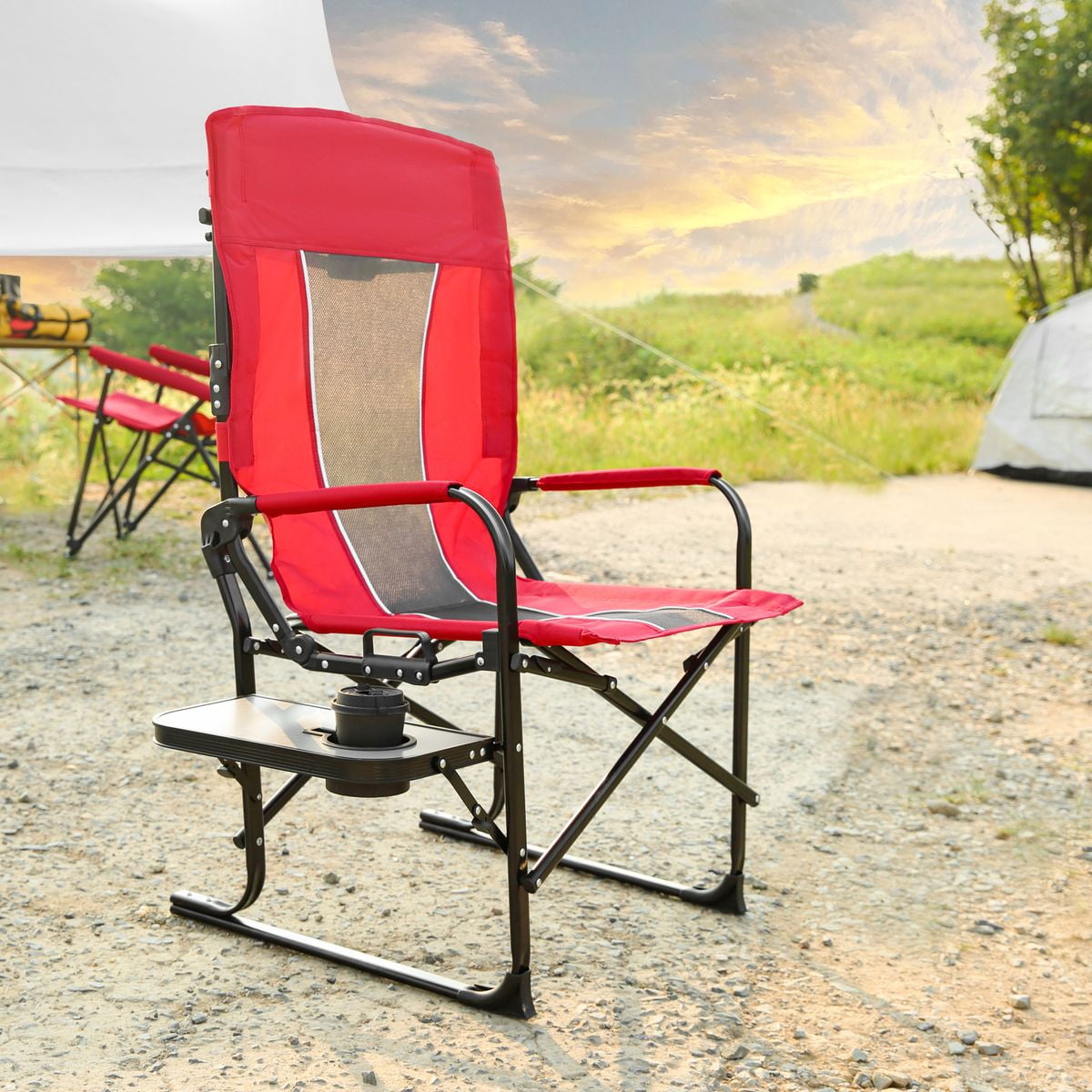 Sailvan Heavy Duty Camping Directors Chair, Oversized Folding Chair with Side Table & Pocket for Beach Picnic Fishing, Red